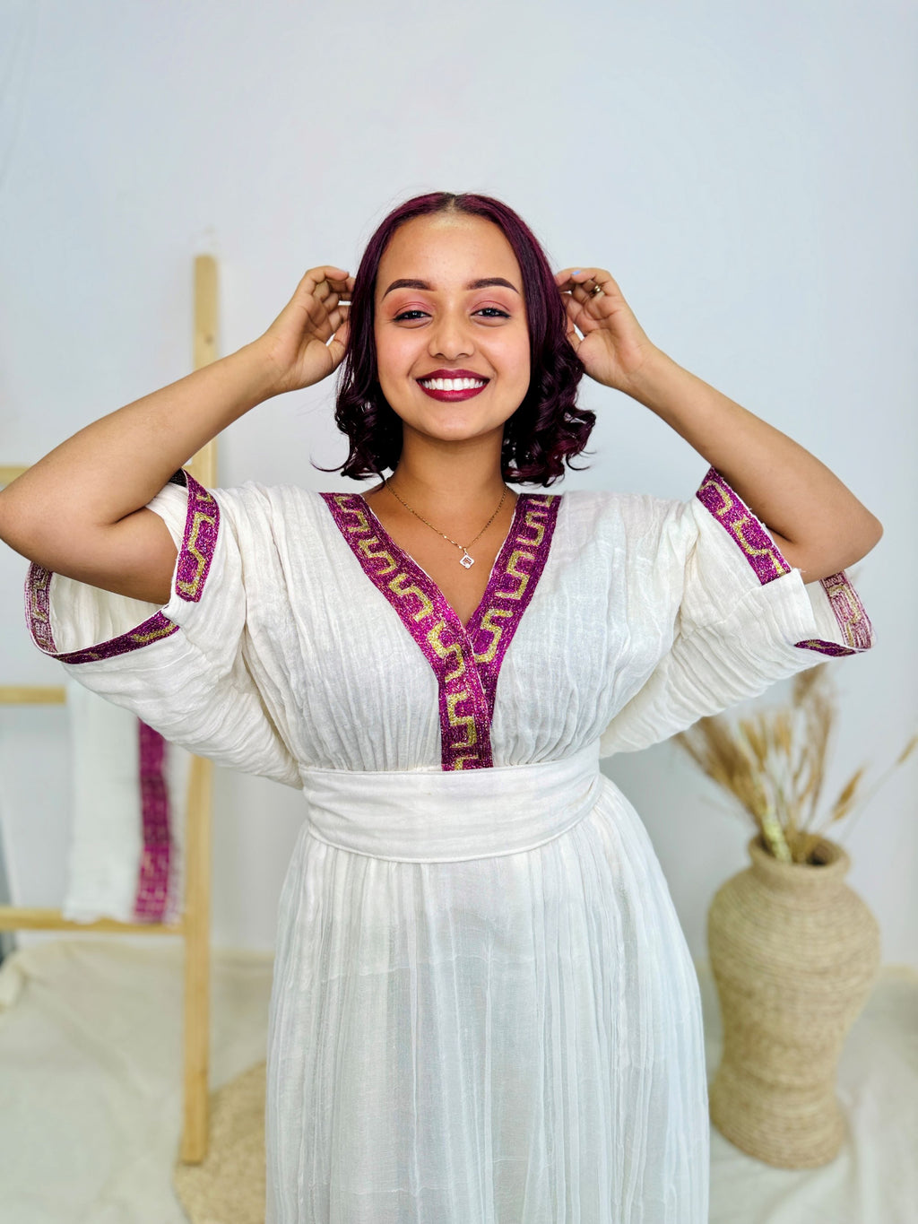 Elegant White Ethiopian Dress | White with Bright Pink Geometric Border | Handwoven Cotton | Empire Waist Cultural Clothing | Hab198