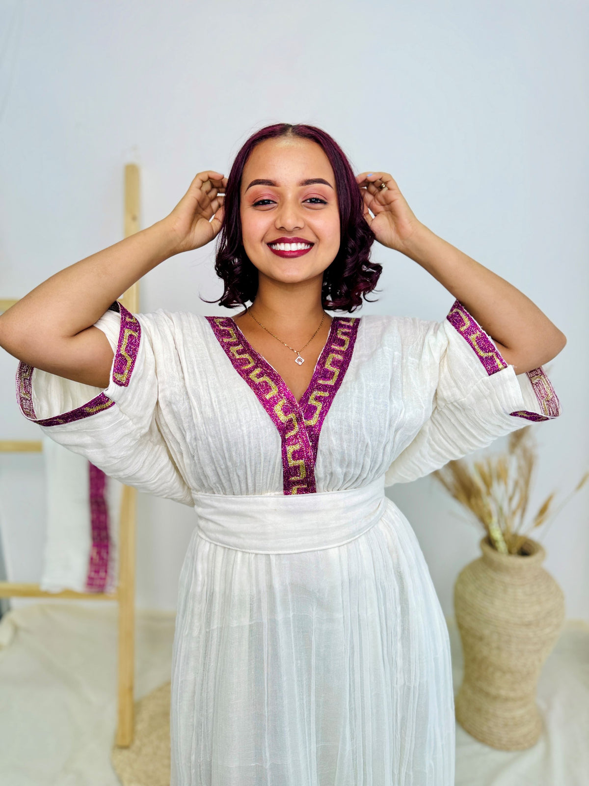 Elegant White Ethiopian Dress | White with Bright Pink Geometric Border | Handwoven Cotton | Empire Waist Cultural Clothing | Hab198