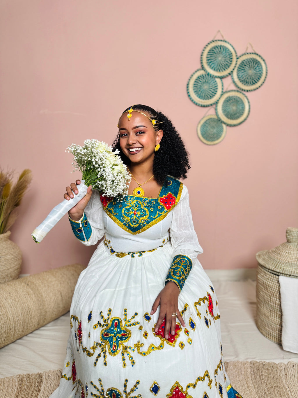 Couples Wedding Attire | Blue Embroidery | Ethiopian Craftsmanship| Habesha Wedding Dress | Handwoven Ethiopian Dress Hab82