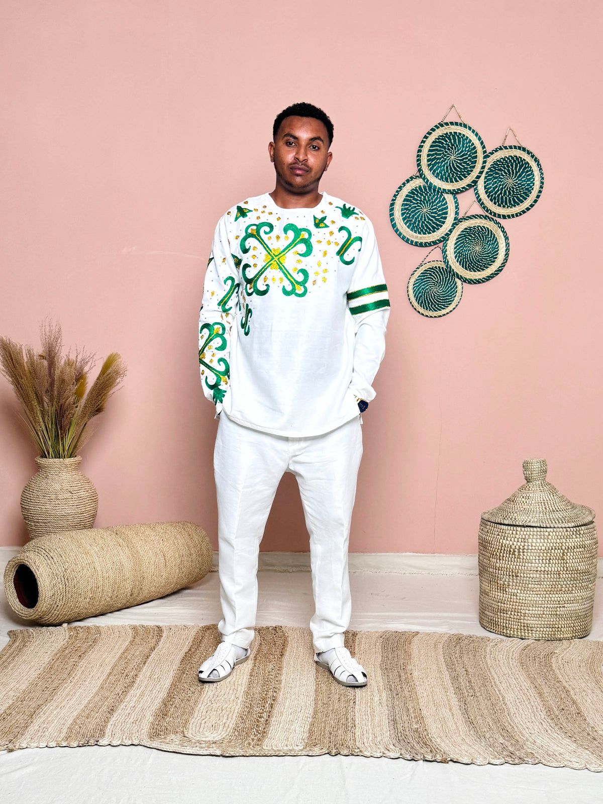 Couples' Habesha Wedding Outfits | Elegant Green Embroidery |Habesha Wedding Dress | Handwoven Ethiopian Dress Hab81