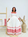 Traditional Ethiopian Habesha Dress | Handwoven Cotton | Red Embroidered Maternity Gown | Flowy Fit | Handmade Cultural Clothing | Hab196