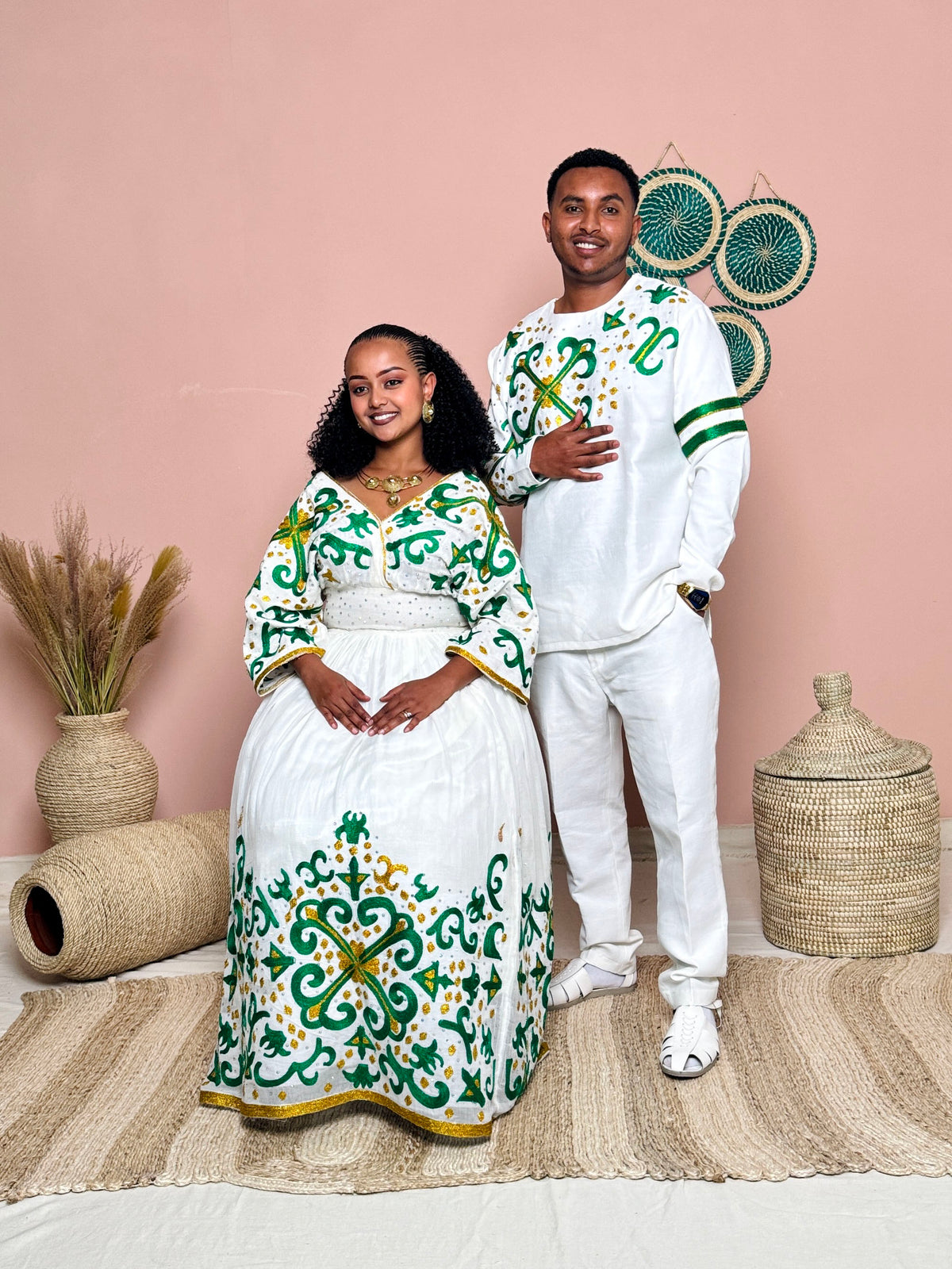 Couples' Habesha Wedding Outfits | Elegant Green Embroidery |Habesha Wedding Dress | Handwoven Ethiopian Dress Hab81