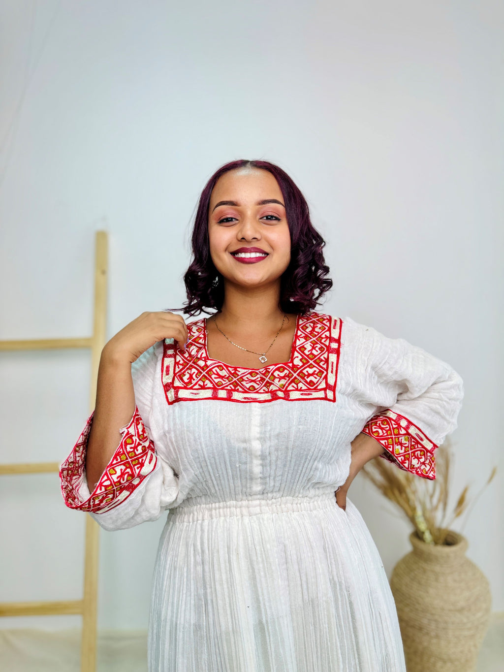Traditional Ethiopian Habesha Dress | Handwoven Cotton | Red Embroidered Maternity Gown | Flowy Fit | Handmade Cultural Clothing | Hab196
