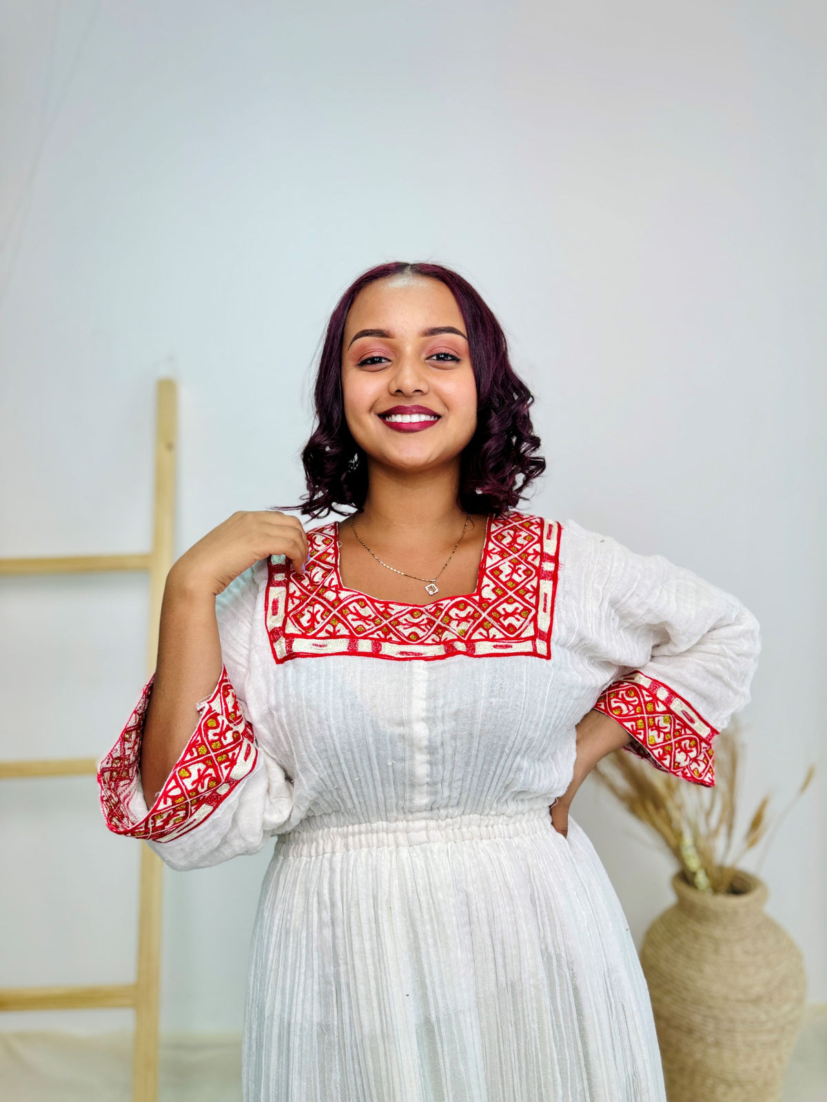 Traditional Ethiopian Habesha Dress | Handwoven Cotton | Red Embroidered Maternity Gown | Flowy Fit | Handmade Cultural Clothing | Hab196