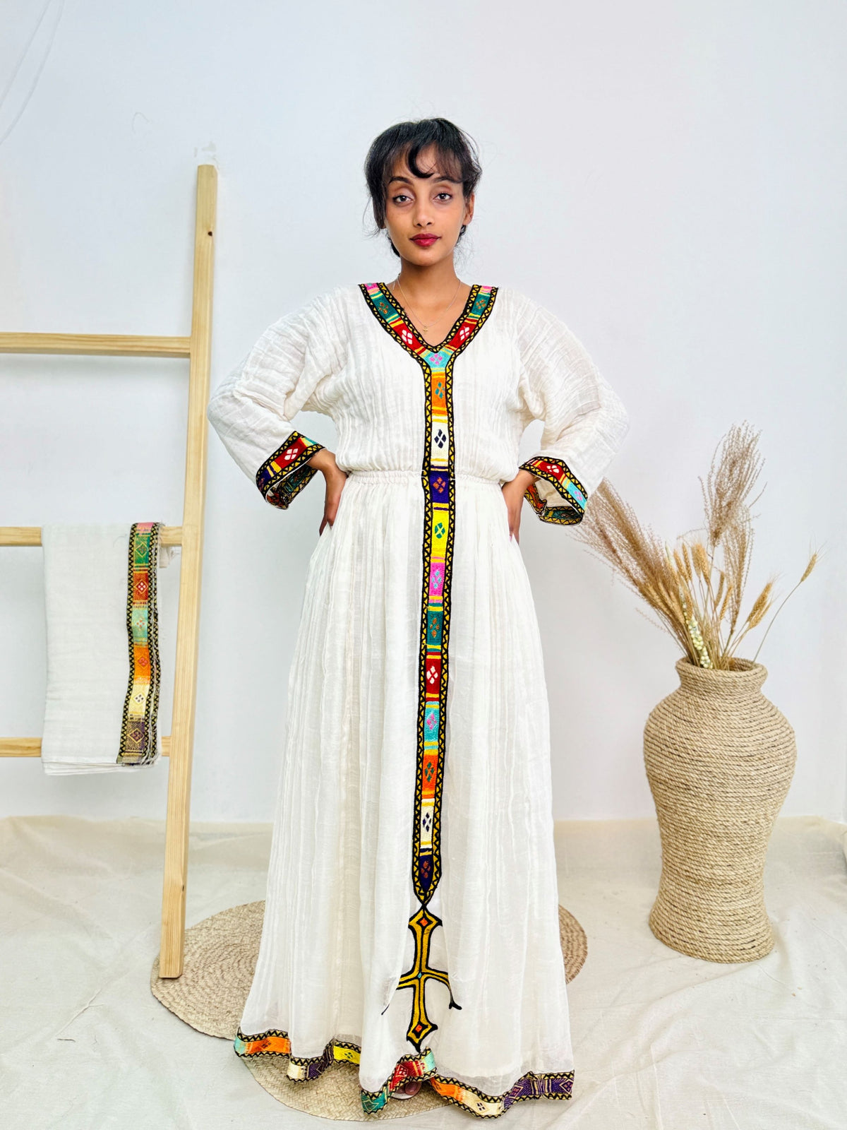 Traditional Ethiopian Habesha Dress | Handwoven Cotton | V-Neck with Bold Tibeb | Flowy Fit Hab235