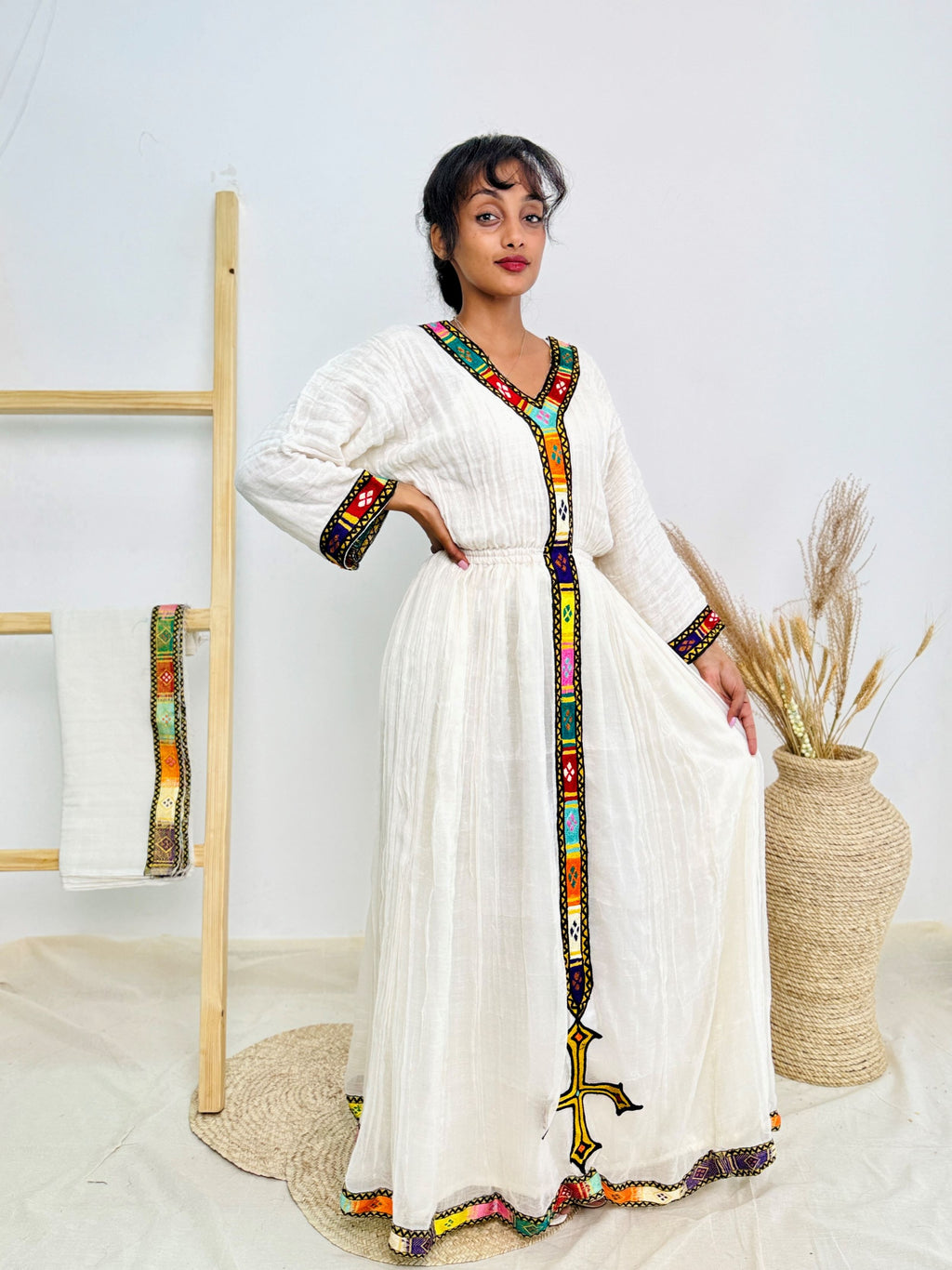 Traditional Ethiopian Habesha Dress | Handwoven Cotton | V-Neck with Bold Tibeb | Flowy Fit Hab235