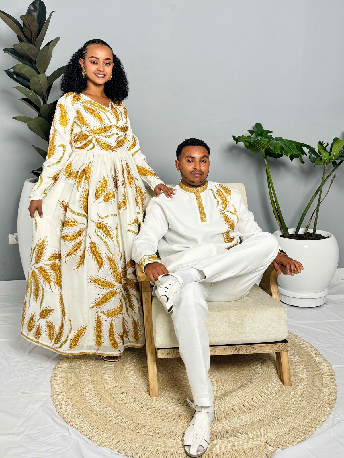 Couples' Habesha Wedding Outfits | Gold Feather Design | Habesha Wedding Dress | Handwoven Ethiopian Dress Hab80