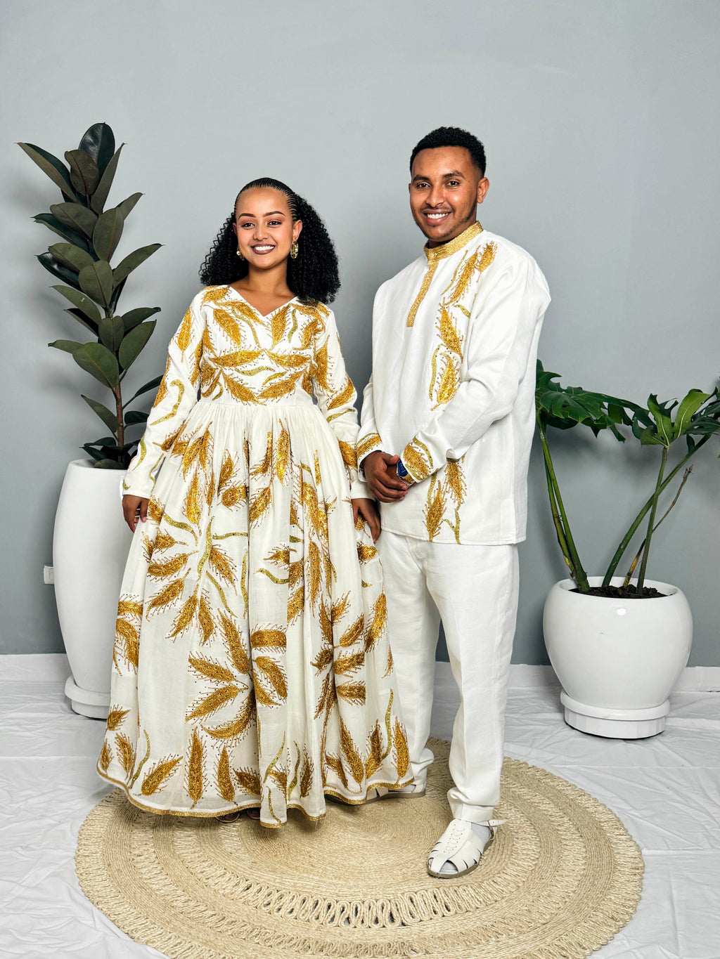 Couples' Habesha Wedding Outfits | Gold Feather Design | Habesha Wedding Dress | Handwoven Ethiopian Dress Hab80