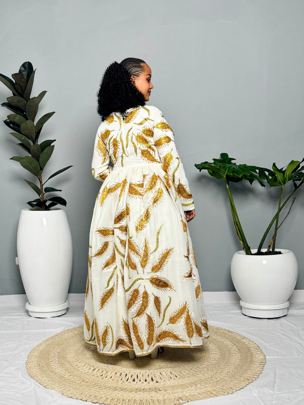 Couples' Habesha Wedding Outfits | Gold Feather Design | Habesha Wedding Dress | Handwoven Ethiopian Dress Hab80