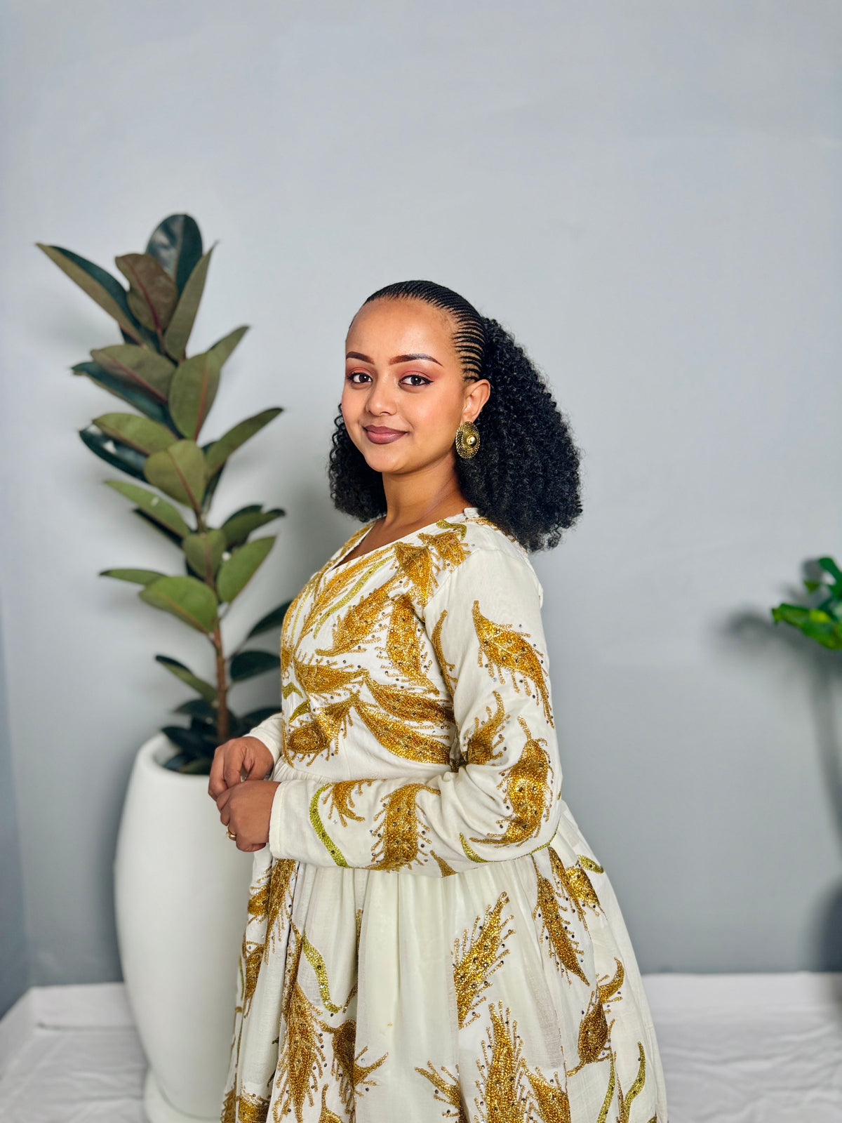 Couples' Habesha Wedding Outfits | Gold Feather Design | Habesha Wedding Dress | Handwoven Ethiopian Dress Hab80