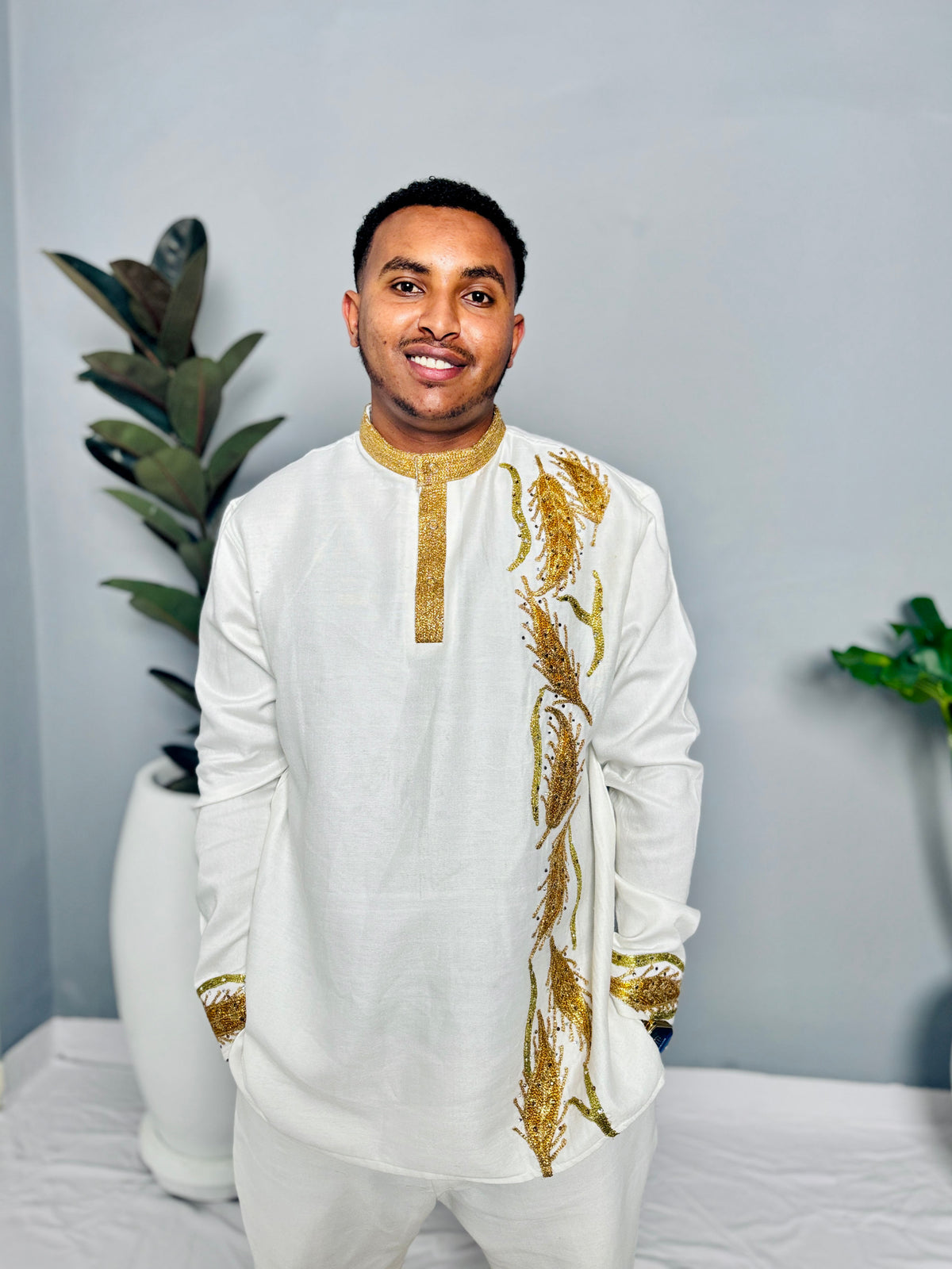 Couples' Habesha Wedding Outfits | Gold Feather Design | Habesha Wedding Dress | Handwoven Ethiopian Dress Hab80