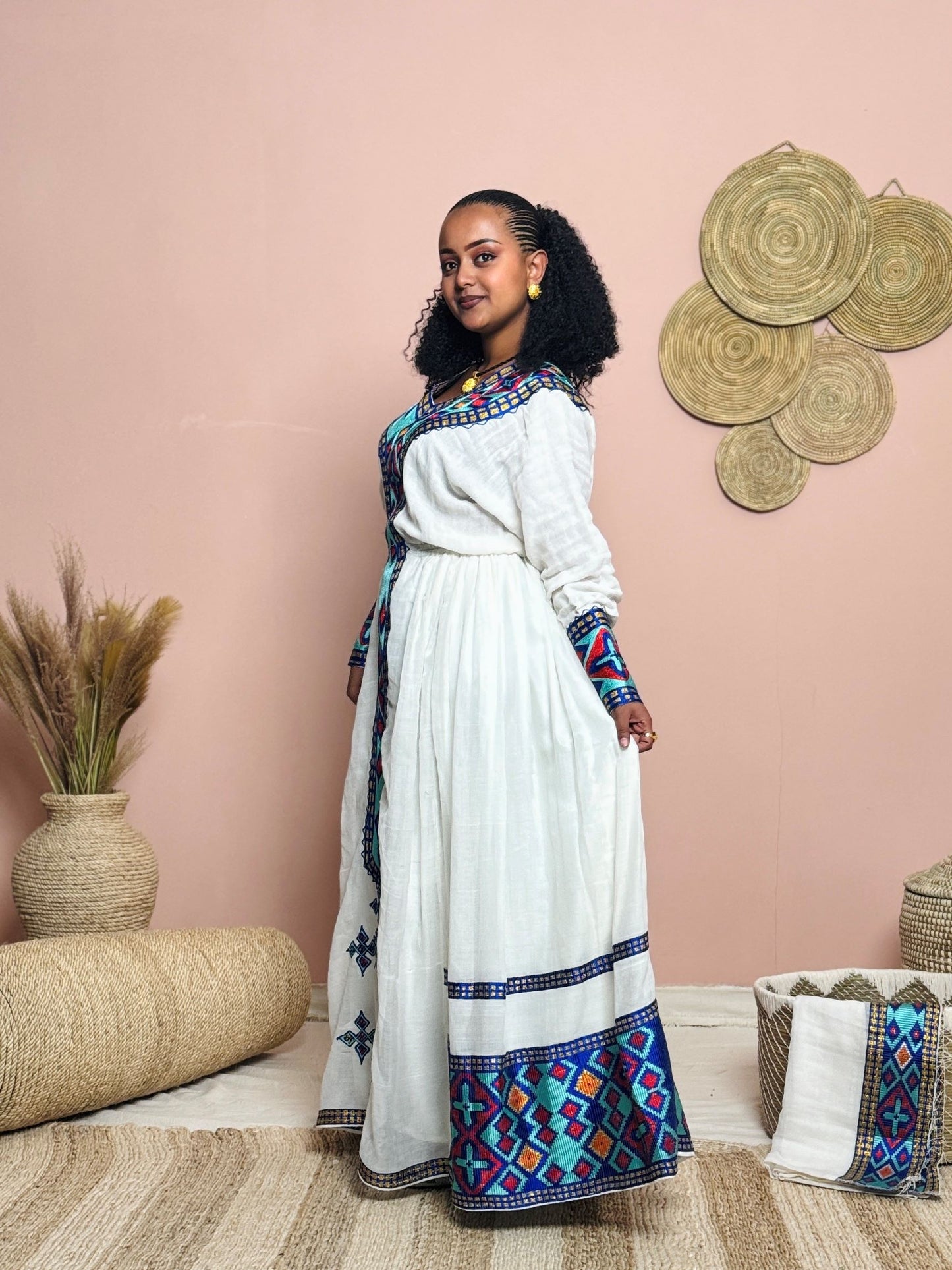 Elegant Tigray Cultural Dress | Handwoven Menen Fabric | Vibrant Blue & Red Tibeb Embroidery | Classic Habesha Kemis Hab145