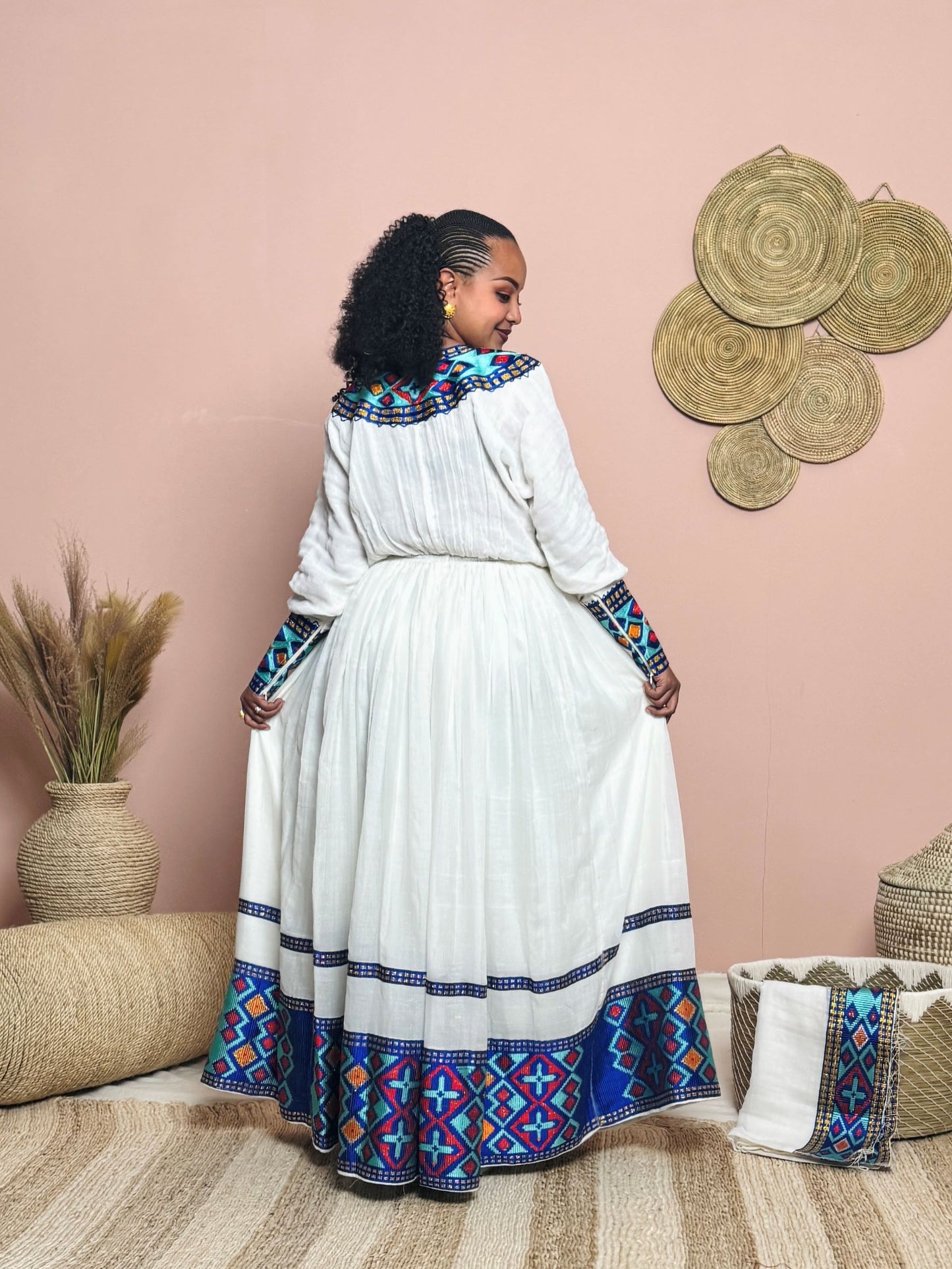 Elegant Tigray Cultural Dress | Handwoven Menen Fabric | Vibrant Blue & Red Tibeb Embroidery | Classic Habesha Kemis Hab145