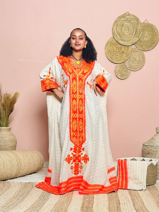 Handwoven Ethiopian Dress | White & Orange Traditional Habesha Dress | Tigre Cultural Elegance | Occasion Dress Hab143
