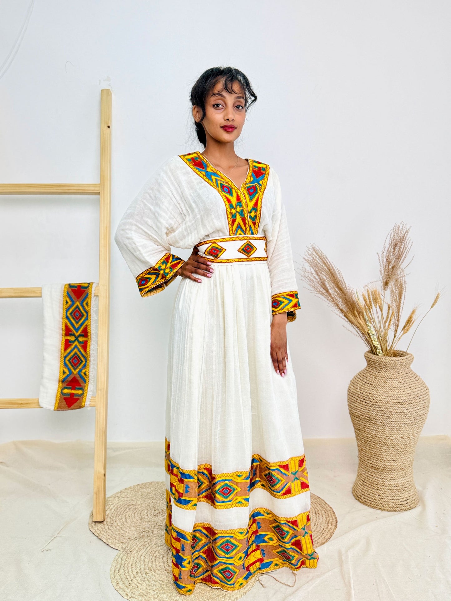 Ethiopian Dress | Elegant Gold Embroidery with Belt | Weddings & Celebrations | Handcrafted Design Hab75