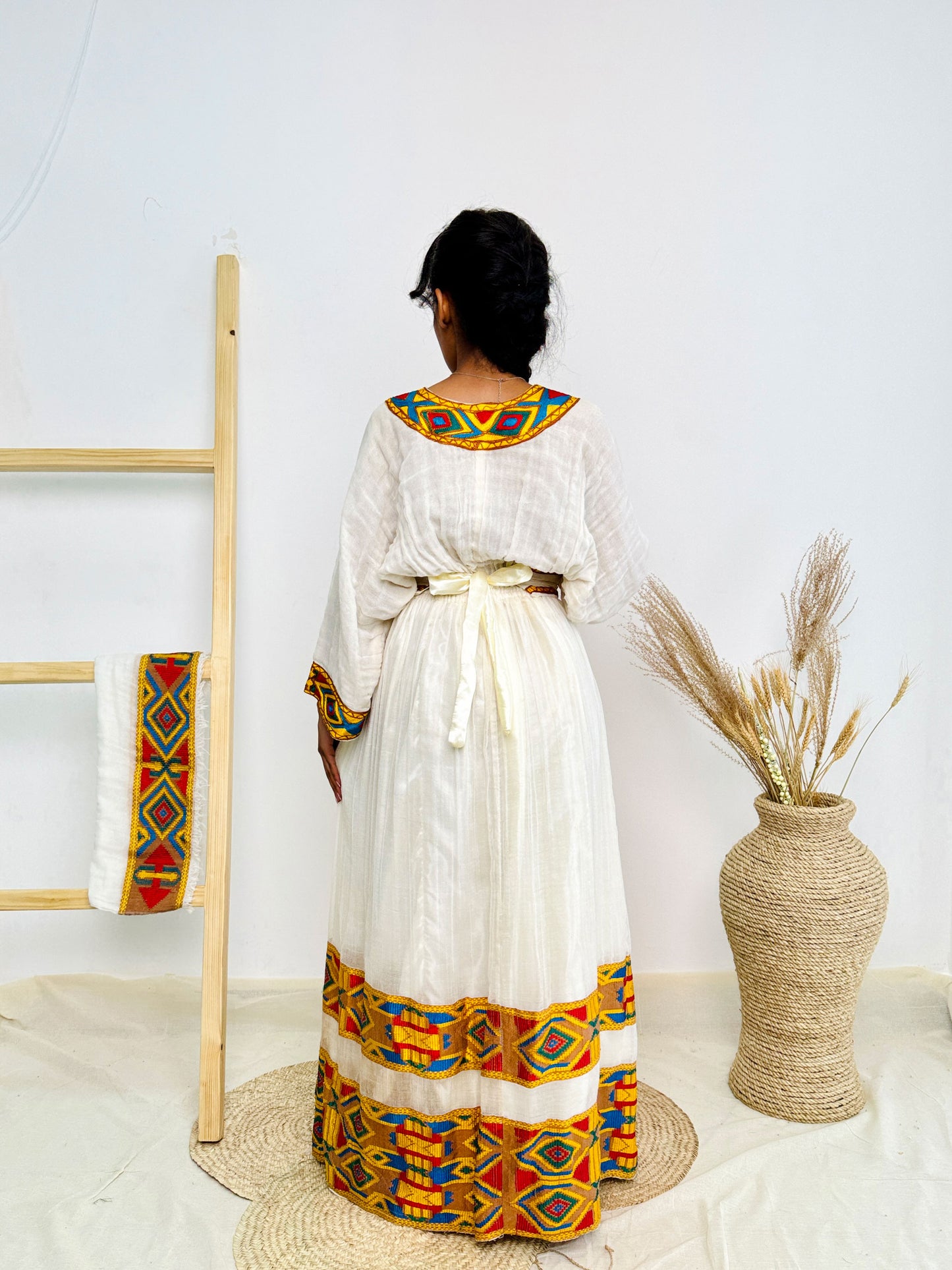 Ethiopian Dress | Elegant Gold Embroidery with Belt | Weddings & Celebrations | Handcrafted Design Hab75