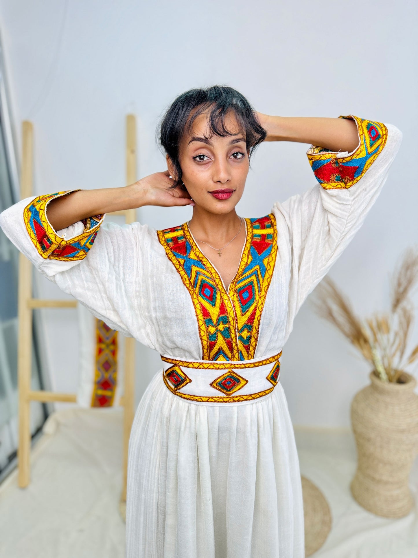 Ethiopian Dress | Elegant Gold Embroidery with Belt | Weddings & Celebrations | Handcrafted Design Hab75