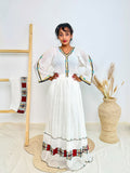 Classic Red & Turquoise Trim Habesha Dress | Handwoven Ethiopian Cotton Kemis Hab234