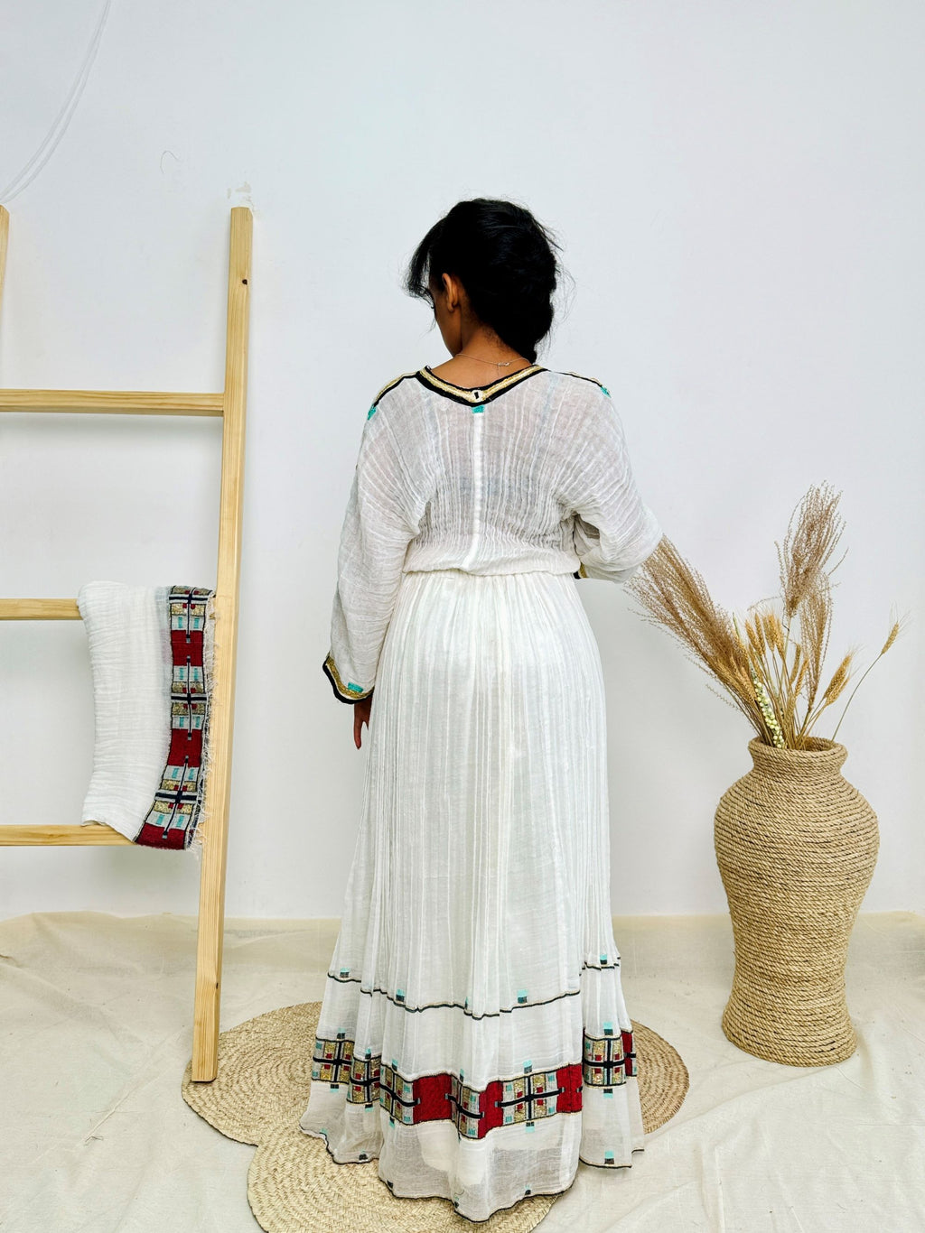 Classic Red & Turquoise Trim Habesha Dress | Handwoven Ethiopian Cotton Kemis Hab234