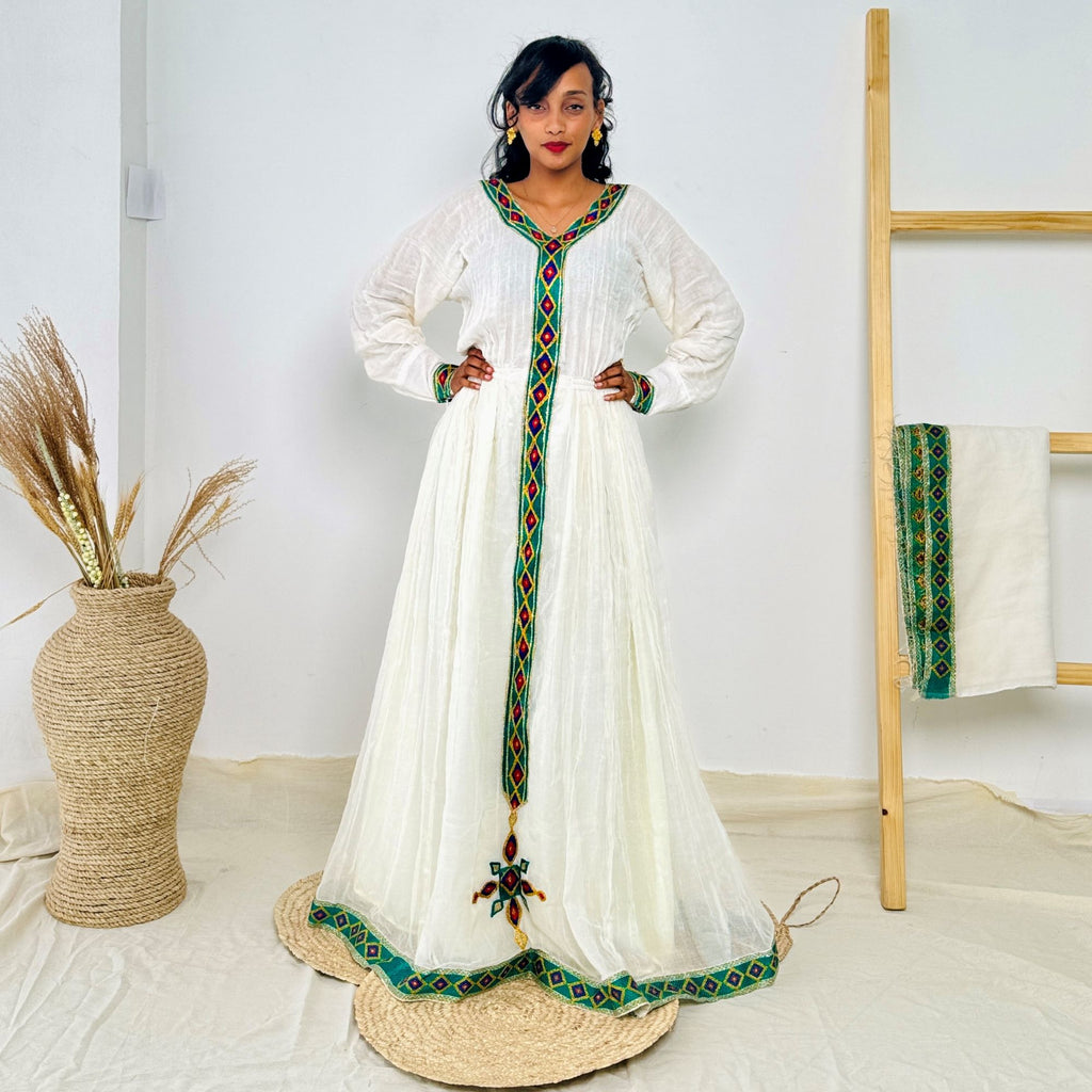 Traditional Habesha Kemis | Cross Motif & Diamond Tilet | Handwoven Cotton | Sacred Elegance Hab240