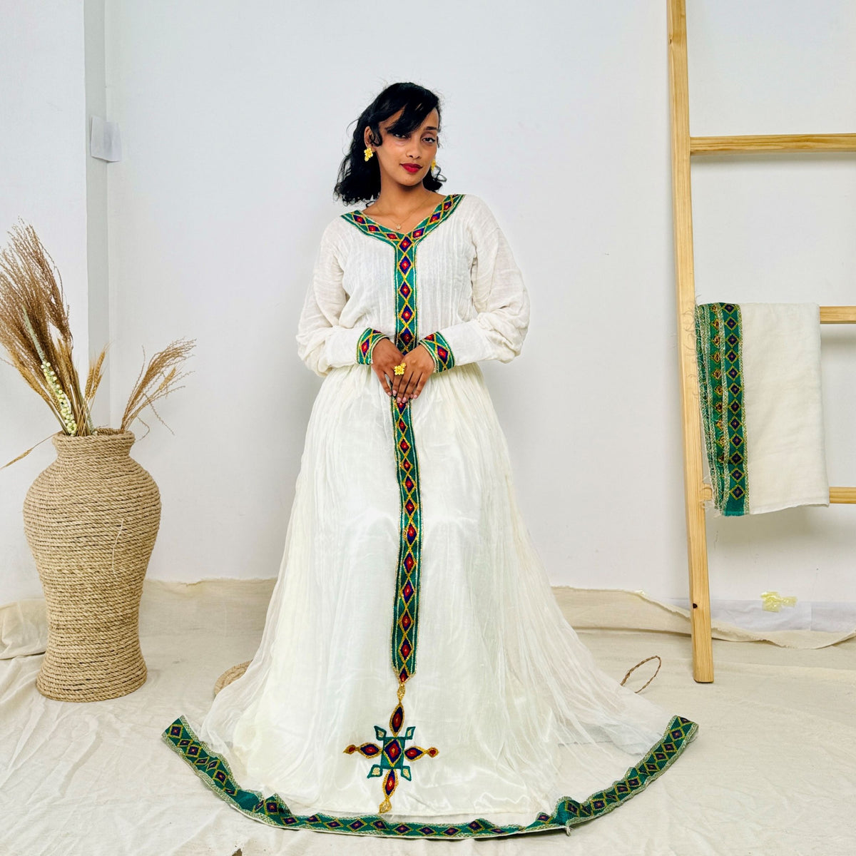 Traditional Habesha Kemis | Cross Motif & Diamond Tilet | Handwoven Cotton | Sacred Elegance Hab240