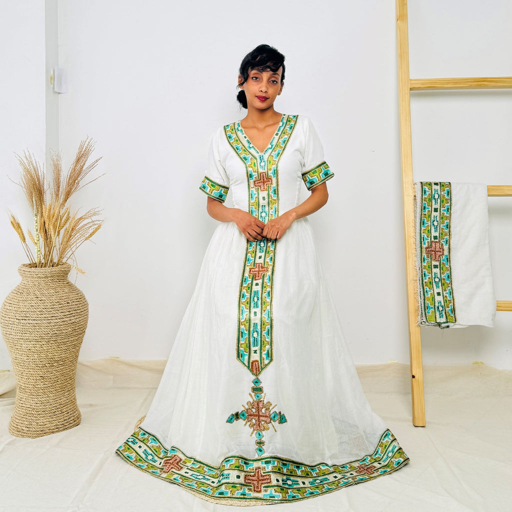 Elegant Ethiopian Habesha Kemis | White Cotton Dress with Green & Gold Cross Tibeb Hab231