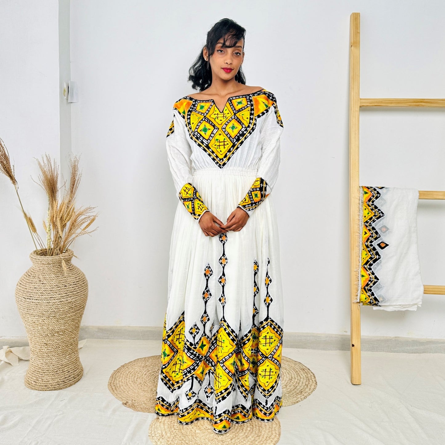 Ethiopian Habesha Dress | Yellow & Black Embroidery | Traditional Kemis Hab230