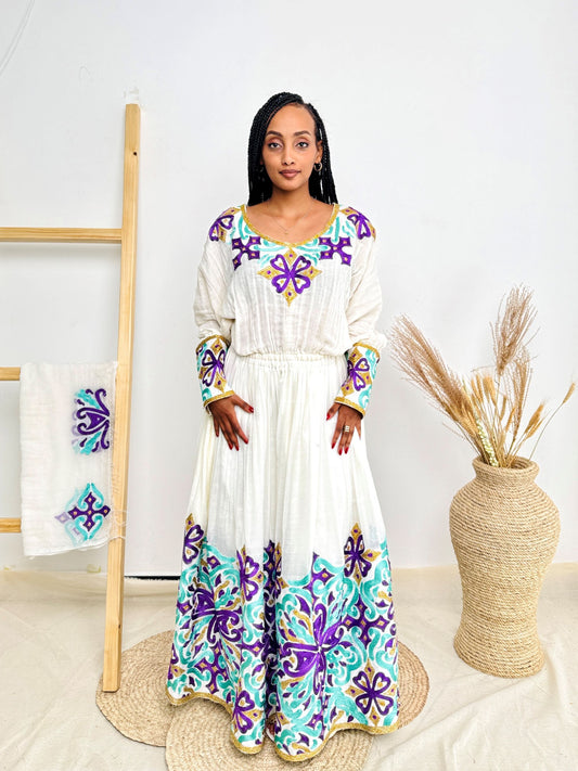 Purple & Aqua Cross Tibeb Embroidery | Ethiopian Handwoven Dress | Bold Long-Sleeve Habesha Kemis Hab124