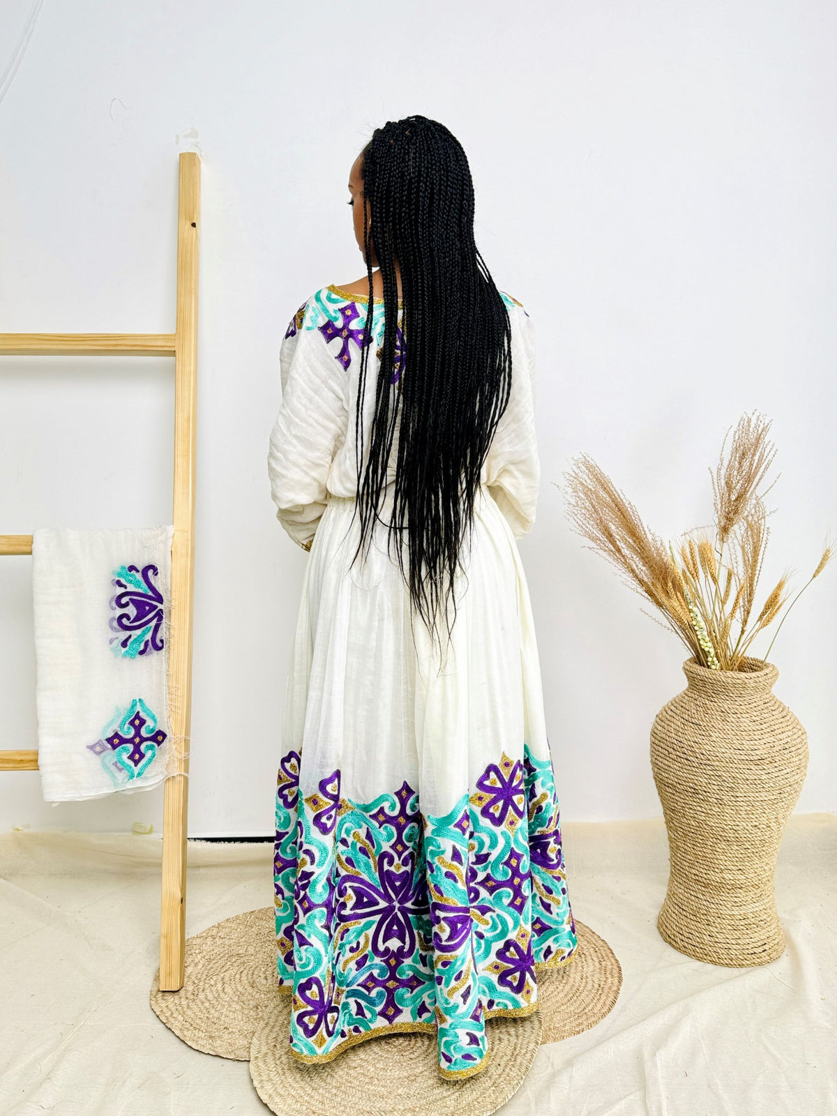 Purple & Aqua Cross Tibeb Embroidery | Ethiopian Handwoven Dress | Bold Long-Sleeve Habesha Kemis Hab214
