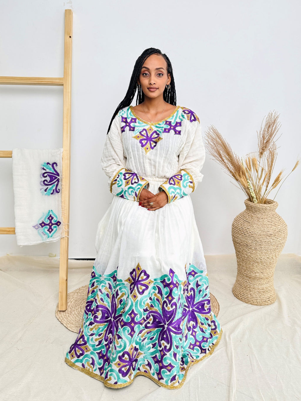 Purple & Aqua Cross Tibeb Embroidery | Ethiopian Handwoven Dress | Bold Long-Sleeve Habesha Kemis Hab214