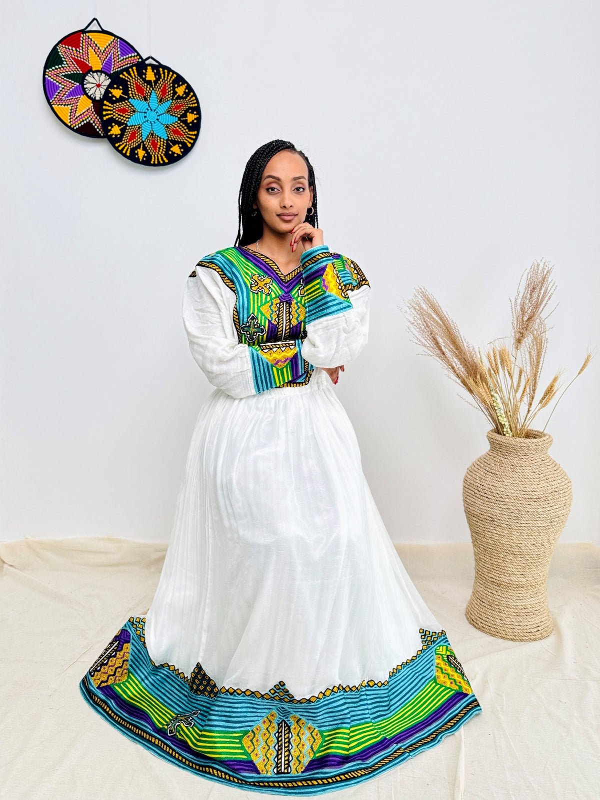 Vibrant Multicolor Handwoven Ethiopian Dress | Bold Habesha Kemis | Holidays, Fasika & Cultural Events Hab181