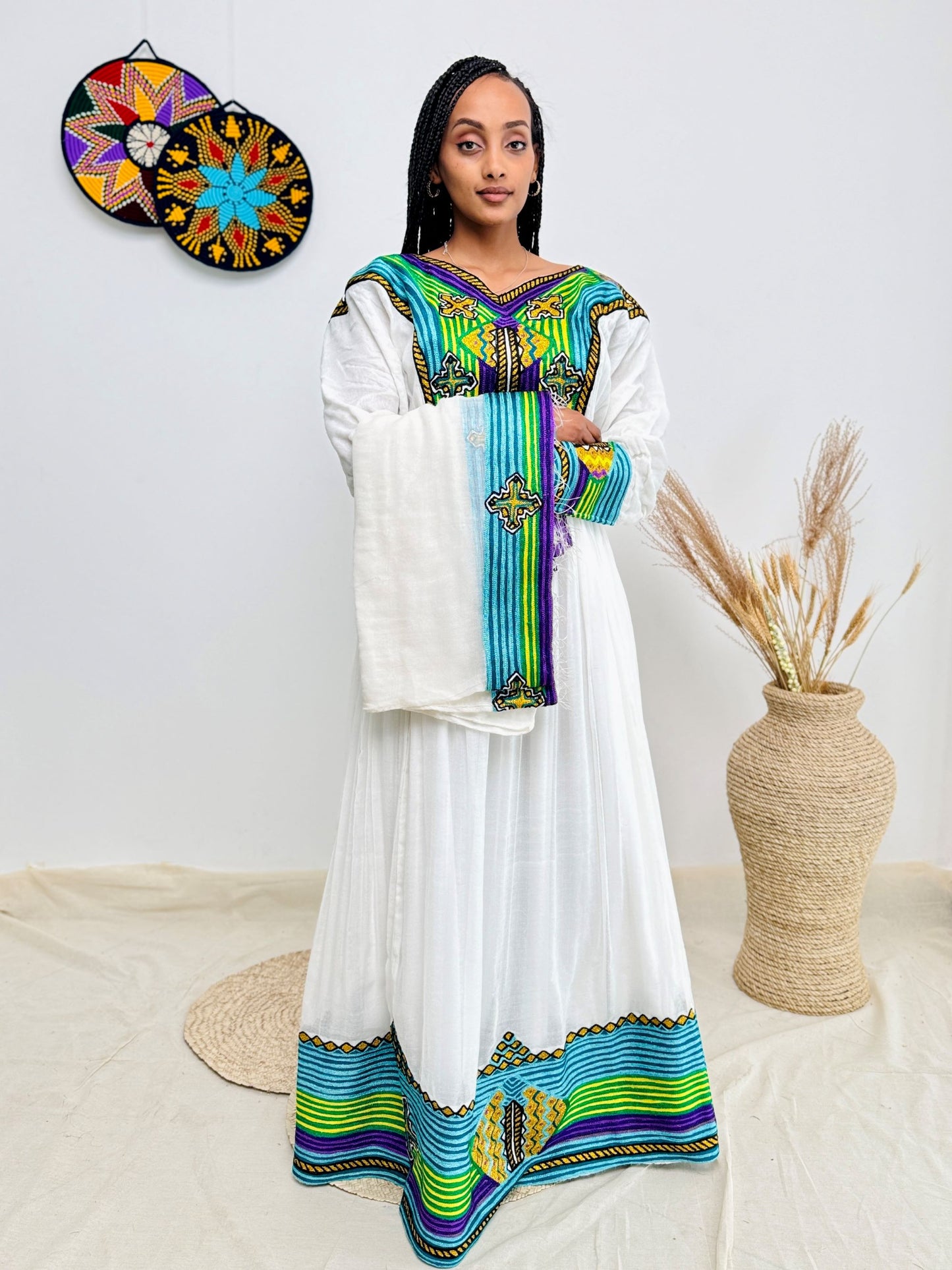 Vibrant Multicolor Handwoven Ethiopian Dress | Bold Habesha Kemis | Holidays, Fasika & Cultural Events Hab181