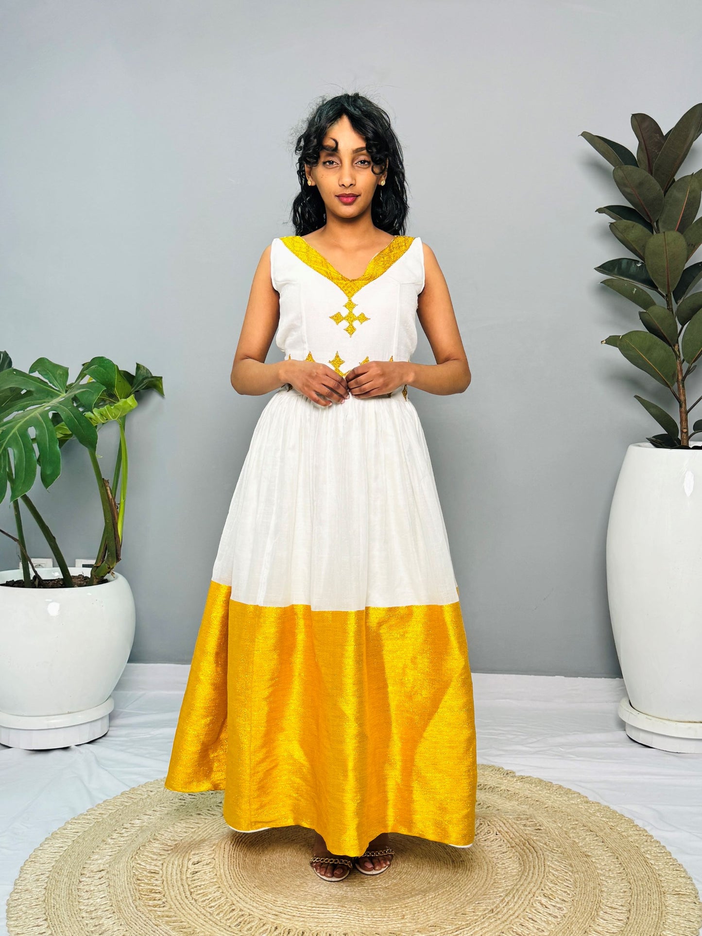 Modern Habesha Kemis | Elegant Ethiopian Handwoven Dress | Golden Tibeb Embroidery | Timeless & Chic Hab146