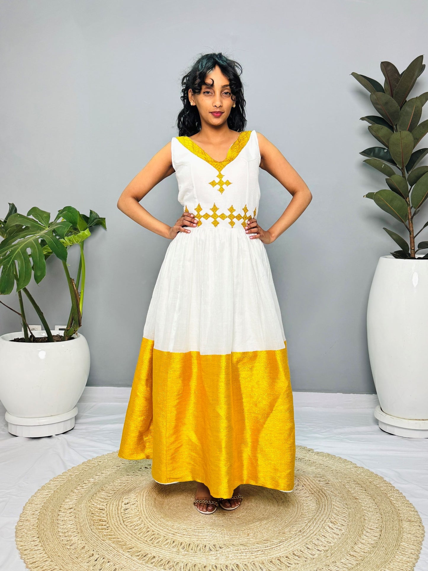 Modern Habesha Kemis | Elegant Ethiopian Handwoven Dress | Golden Tibeb Embroidery | Timeless & Chic Hab146