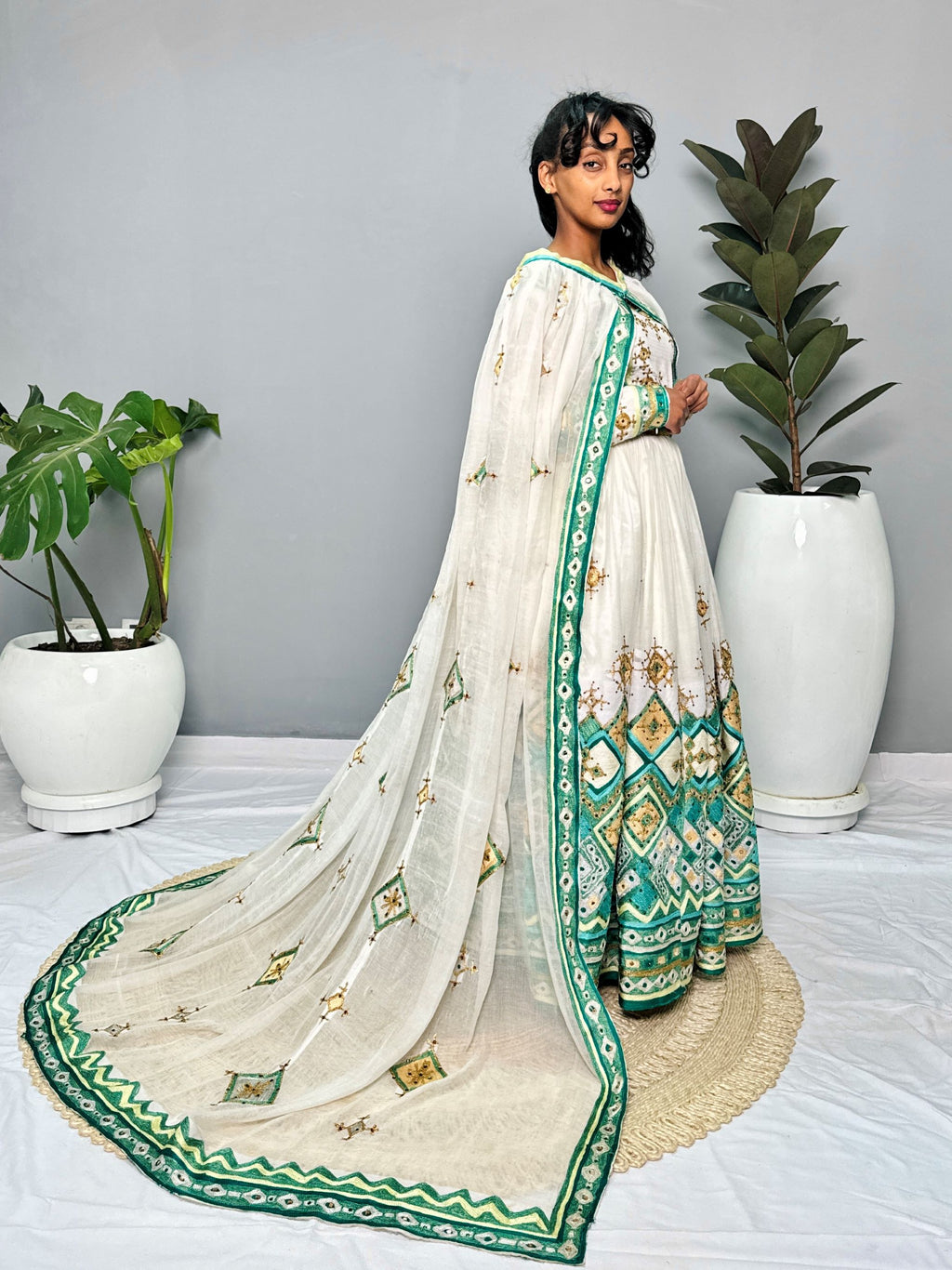 Ethiopian Wedding Dress | Green & Blue Embroidered Beaded Design | Handcrafted Luxury | Cultural Elegance | Habesha Dress Hab131