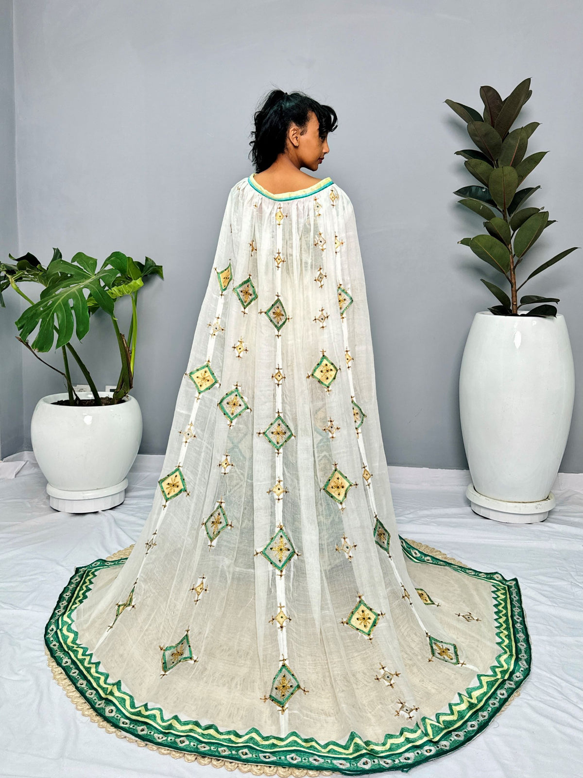 Ethiopian Wedding Dress | Green & Blue Embroidered Beaded Design | Handcrafted Luxury | Cultural Elegance | Habesha Dress Hab131