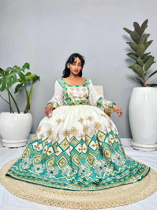 Green and Blue Beaded Habesha Dress