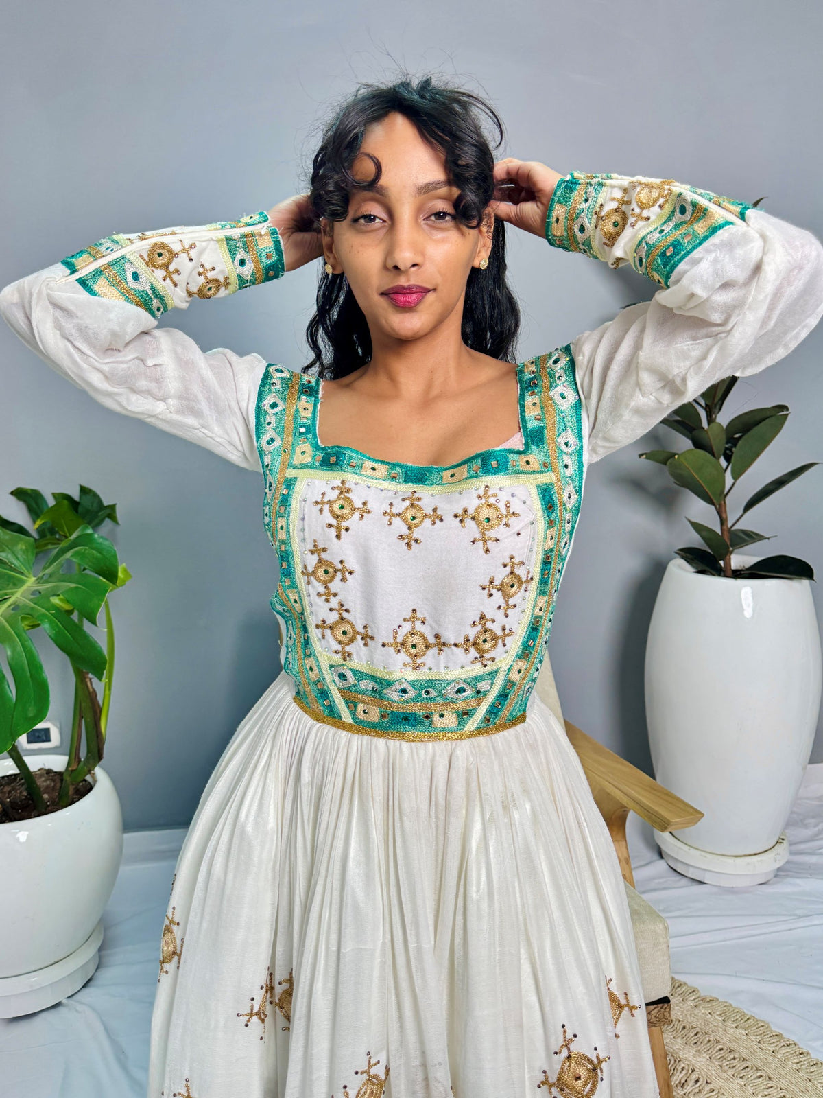 Ethiopian Wedding Dress | Green & Blue Embroidered Beaded Design | Handcrafted Luxury | Cultural Elegance | Habesha Dress Hab131