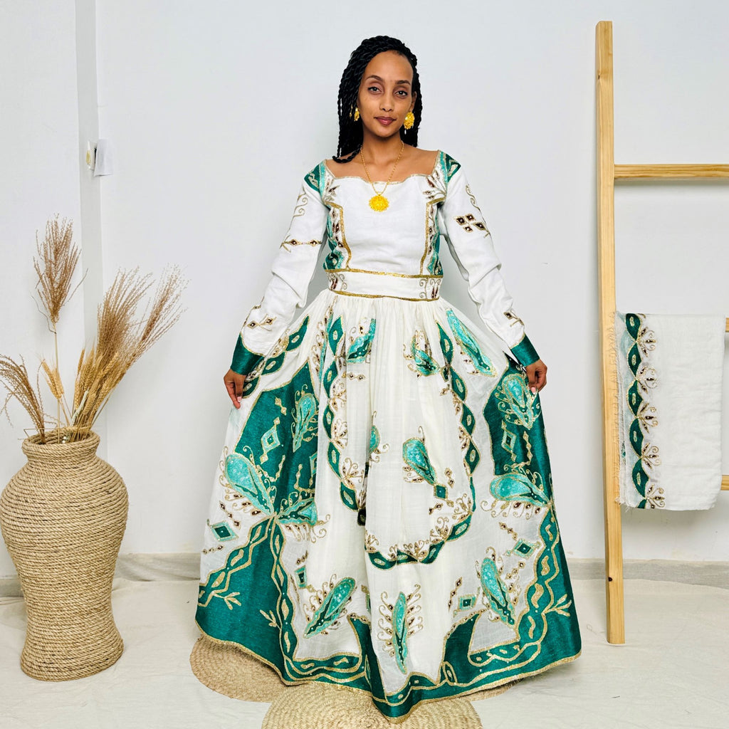 Traditional Ethiopian Habesha Dress | Handwoven White Cotton | Green & Gold Embroidered Cultural Gown | Elegant Handmade Clothing Hab206