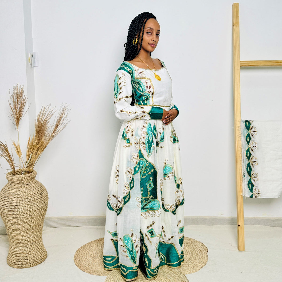 Traditional Ethiopian Habesha Dress | Handwoven White Cotton | Green & Gold Embroidered Cultural Gown | Elegant Handmade Clothing Hab206