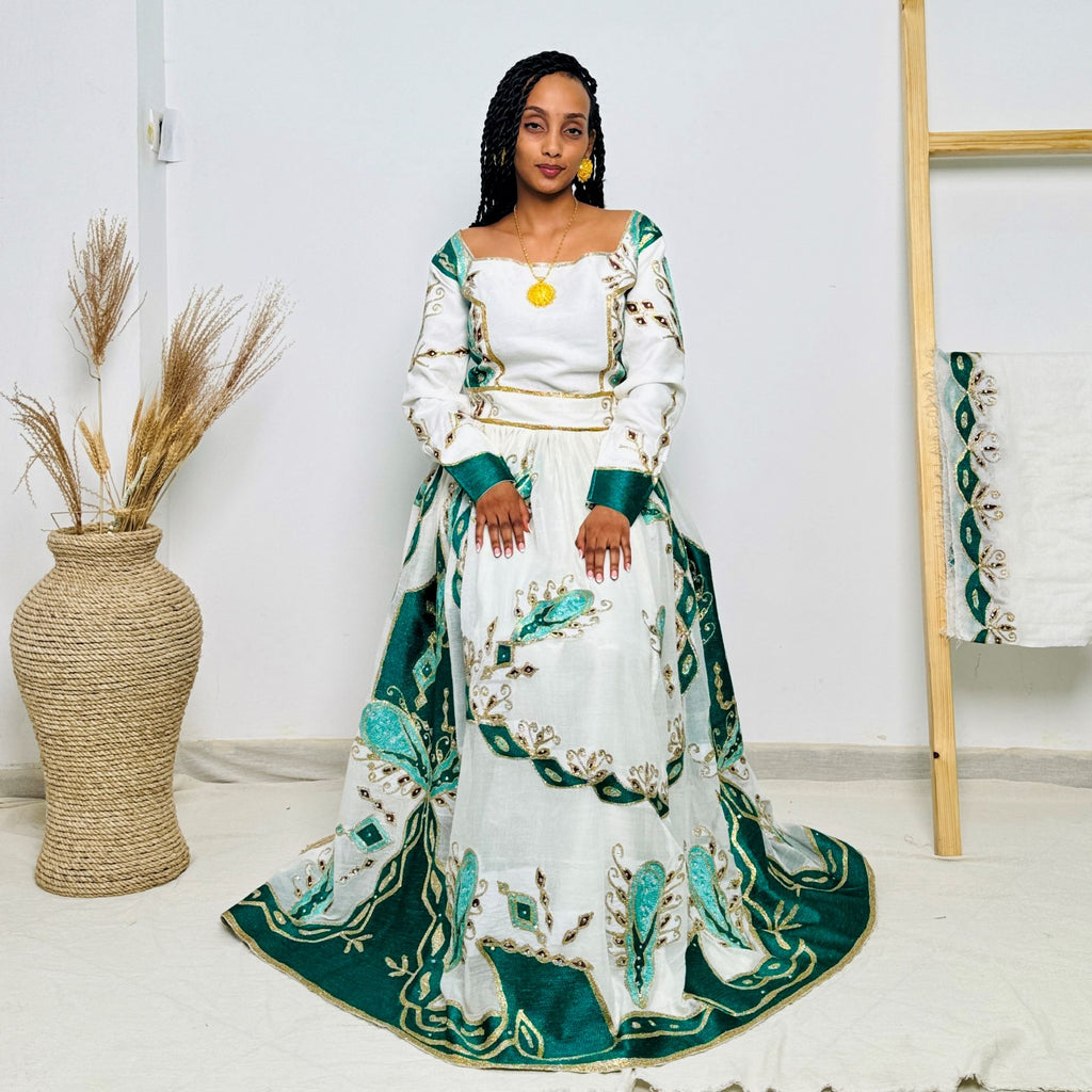 Traditional Ethiopian Habesha Dress | Handwoven White Cotton | Green & Gold Embroidered Cultural Gown | Elegant Handmade Clothing Hab206