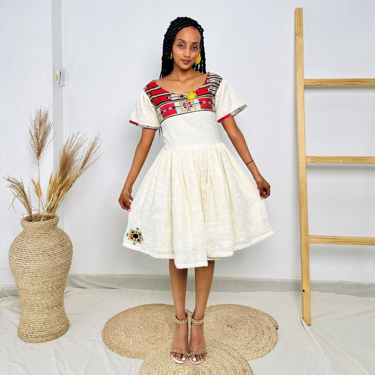 Short White Ethiopian Dress | Red Tibeb Border | Handwoven Cotton | Knee-Length Cultural Wear | Hab199