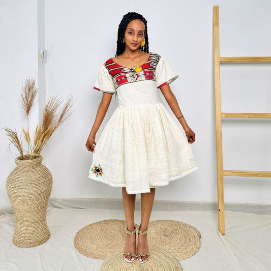 Short White Ethiopian Dress | Red Tibeb Border | Handwoven Cotton | Knee-Length Cultural Wear | Hab199