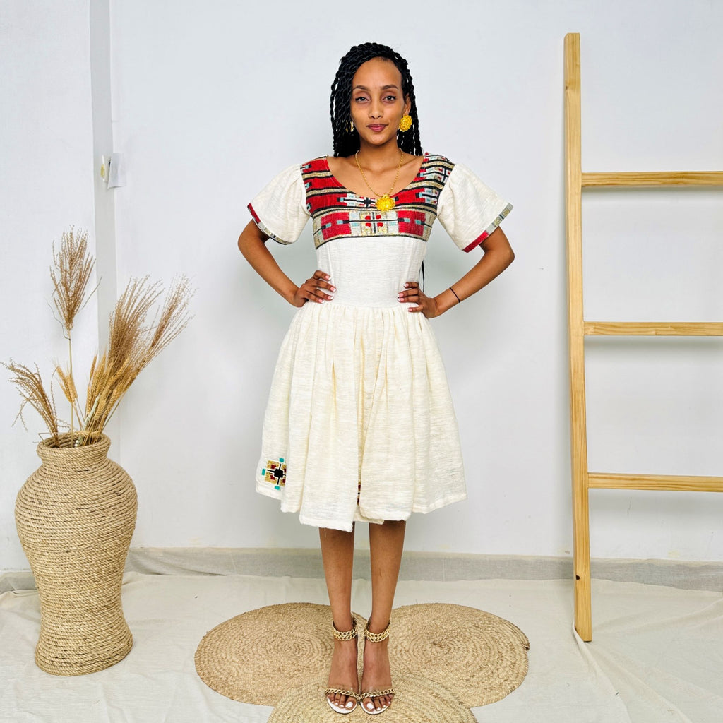 Short White Ethiopian Dress | Red Tibeb Border | Handwoven Cotton | Knee-Length Cultural Wear | Hab199