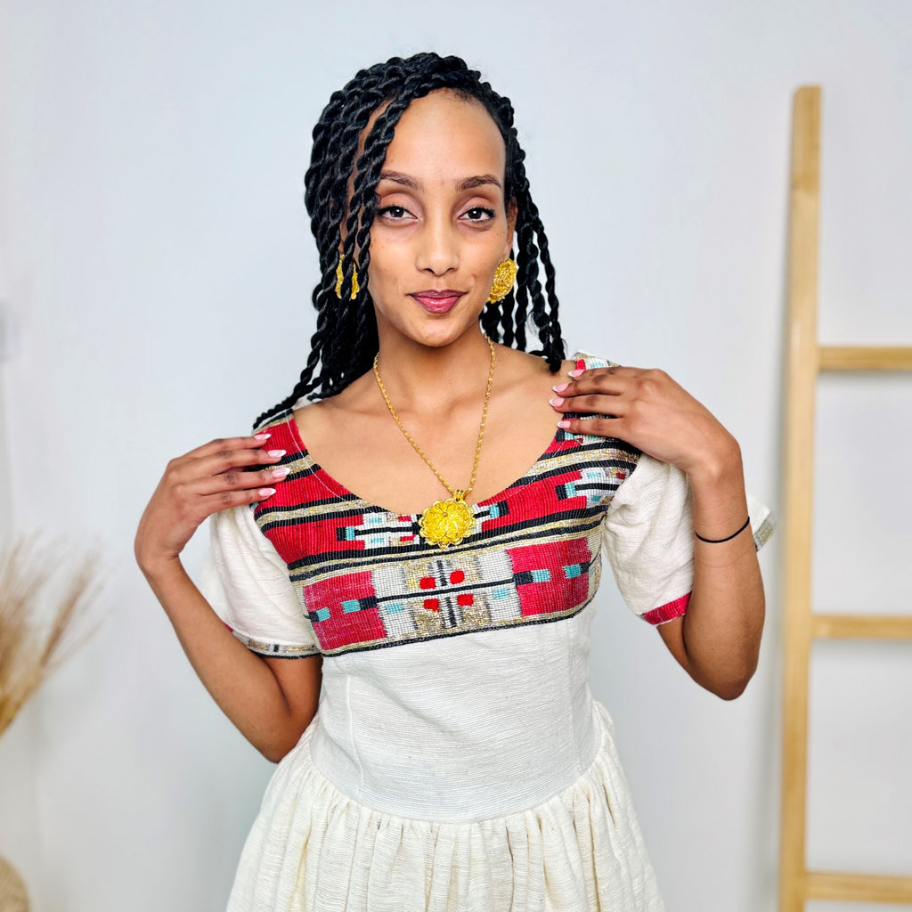 Short White Ethiopian Dress | Red Tibeb Border | Handwoven Cotton | Knee-Length Cultural Wear | Hab199