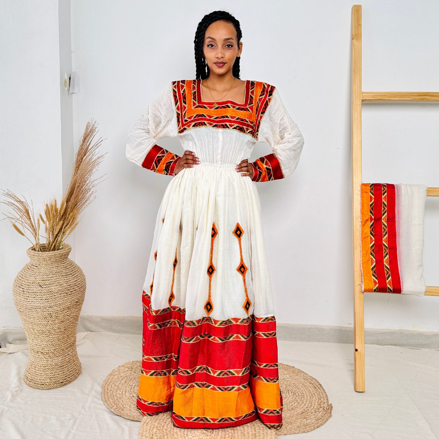Habesha Dress | Vibrant Red & Orange Design | Cultural Celebrations & Special Events | Handwoven Elegance | Ethiopia Dress Hab106