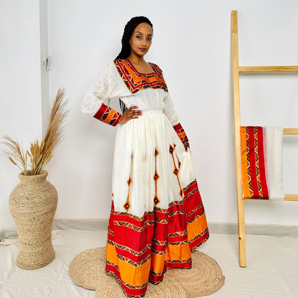 Habesha Dress | Vibrant Red & Orange Design | Cultural Celebrations & Special Events | Handwoven Elegance | Ethiopia Dress Hab106