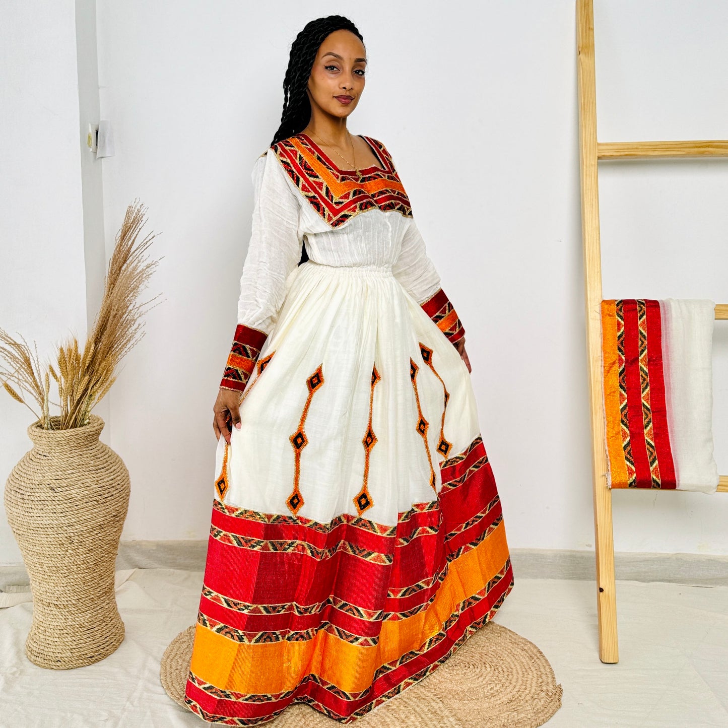 Habesha Dress | Vibrant Red & Orange Design | Cultural Celebrations & Special Events | Handwoven Elegance | Ethiopia Dress Hab106
