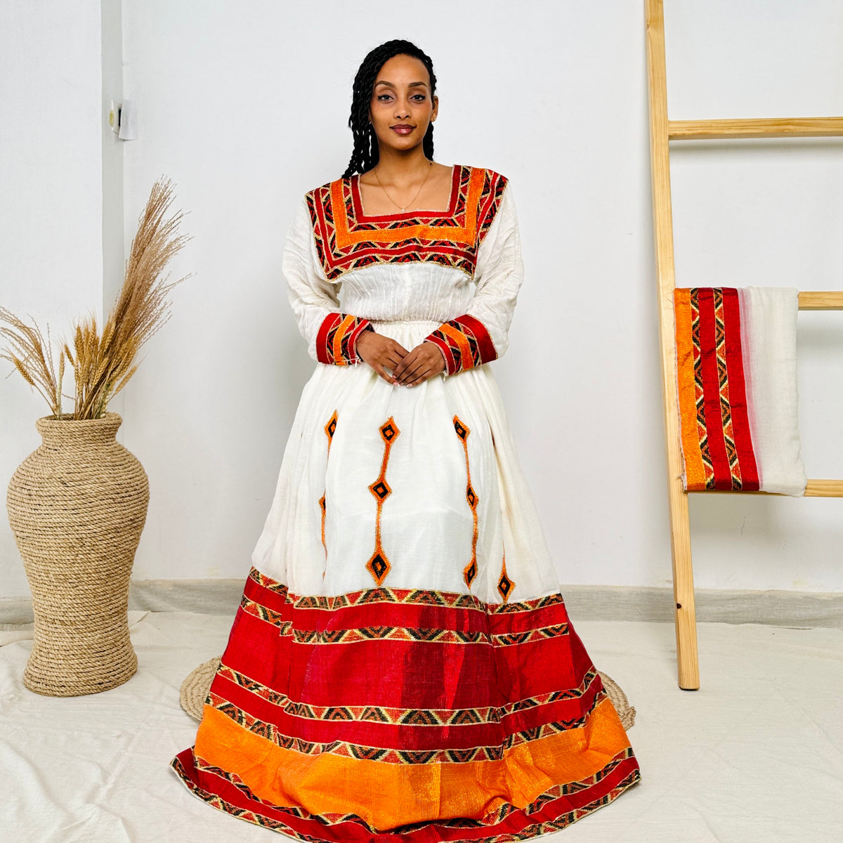 Habesha Dress | Vibrant Red & Orange Design | Cultural Celebrations & Special Events | Handwoven Elegance | Ethiopia Dress Hab106