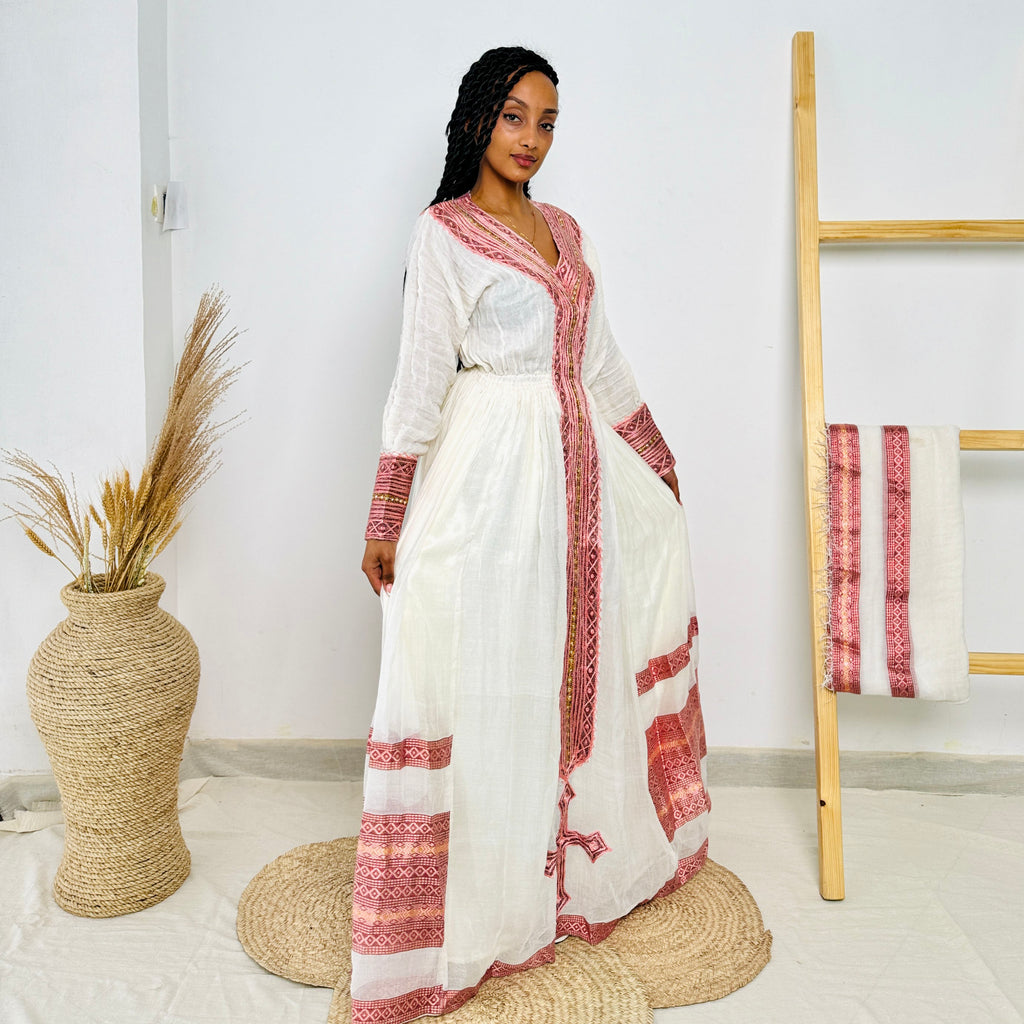Ethiopian Dress | Elegant Design Dress | Weddings & Special Events | Pink Design with Intricate Beadwork | Habesha Dress Hab113